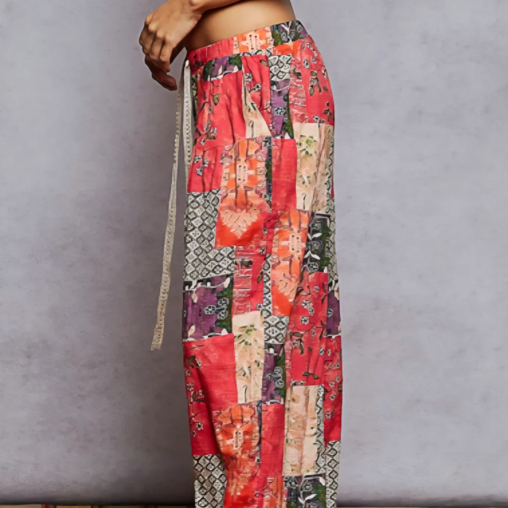 B55 NWT POL Vibrant Coral Patchwork Printed Relaxed Fit Joggers Tie Sm Md Lg - Picture 5 of 11